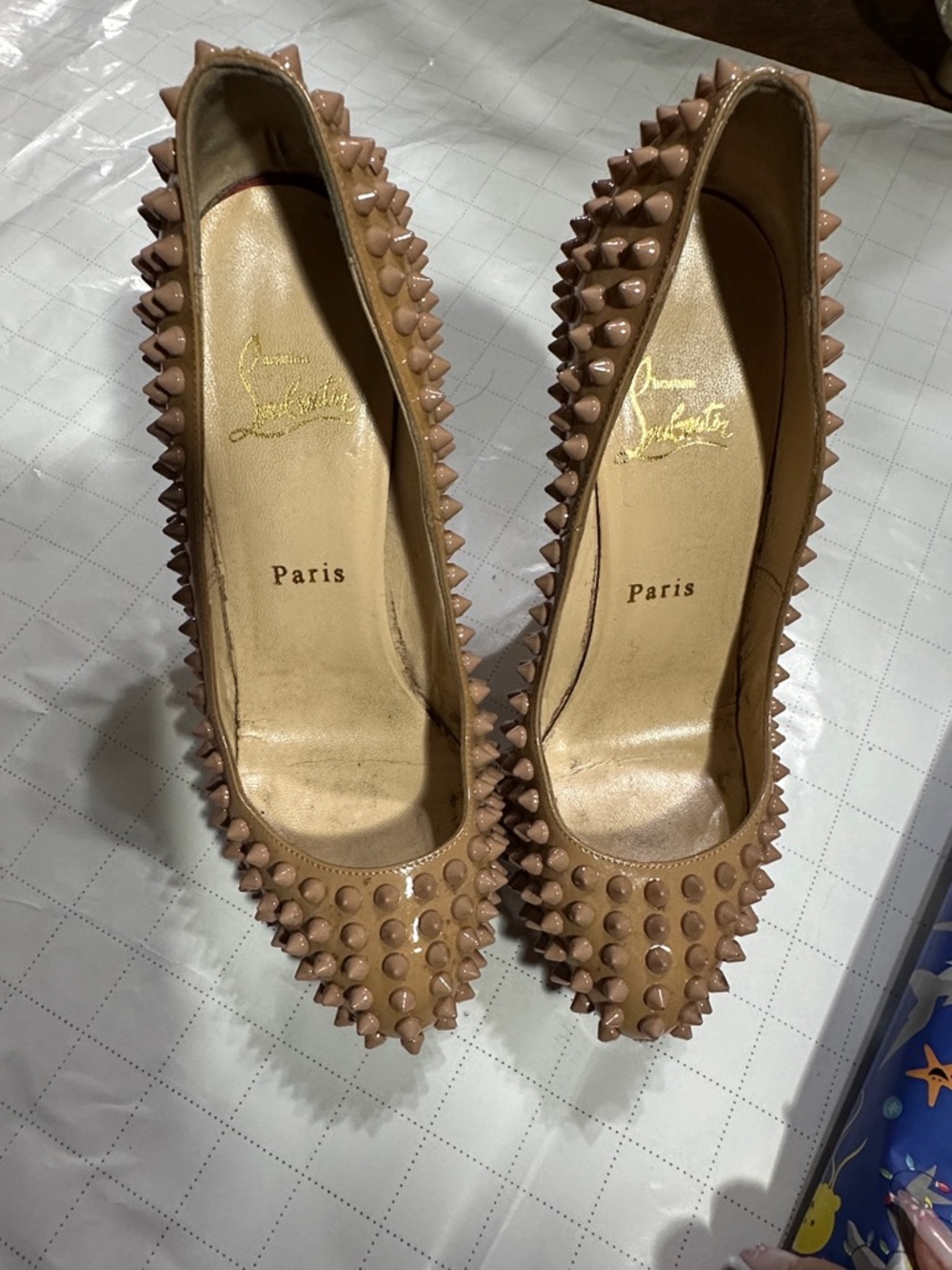 Christian Louboutin Nude Patent Spike-Studded Pointed Toe Pumps